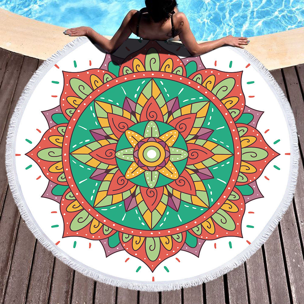 Microfiber Round Printed Beach Towel With Fringe
