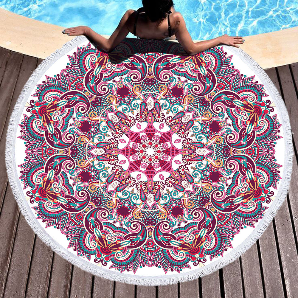 Microfiber Round Printed Beach Towel With Fringe