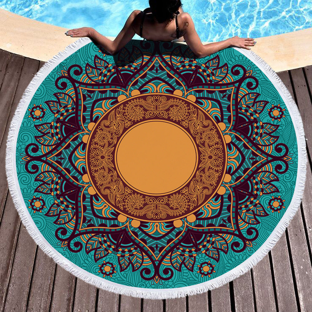 Microfiber Round Printed Beach Towel With Fringe