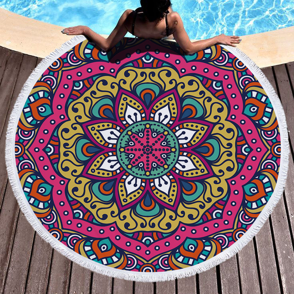 Microfiber Round Printed Beach Towel With Fringe