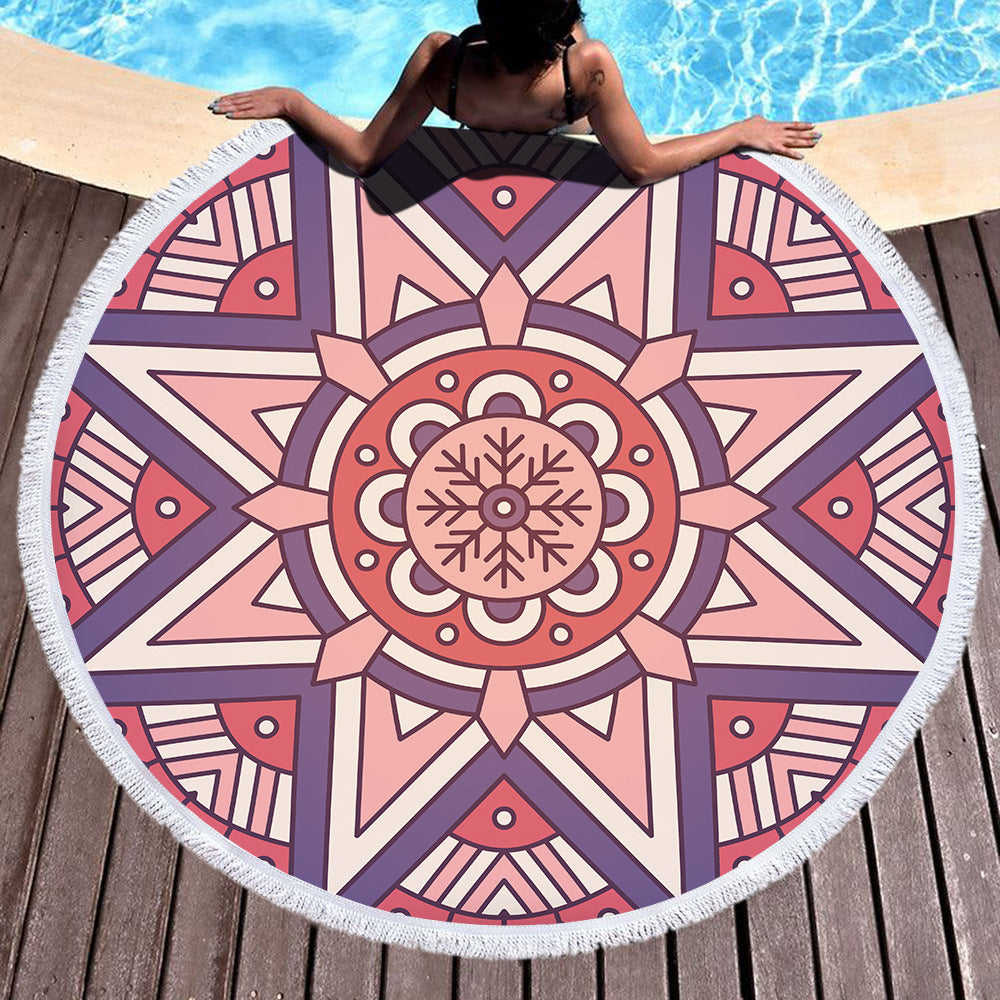 Microfiber Round Printed Beach Towel With Fringe